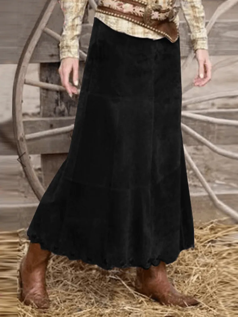 Women Corduroy Solid Color Frill Hem Back Zipper Casual Skirts
