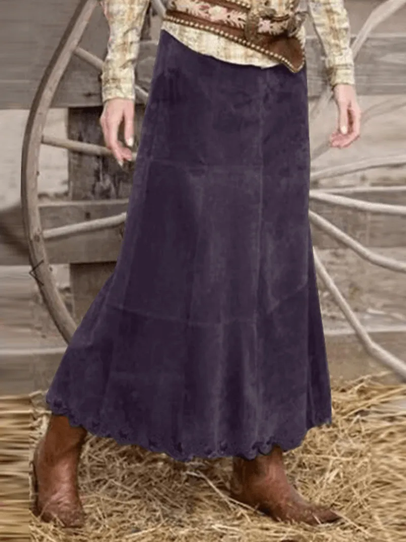 Women Corduroy Solid Color Frill Hem Back Zipper Casual Skirts