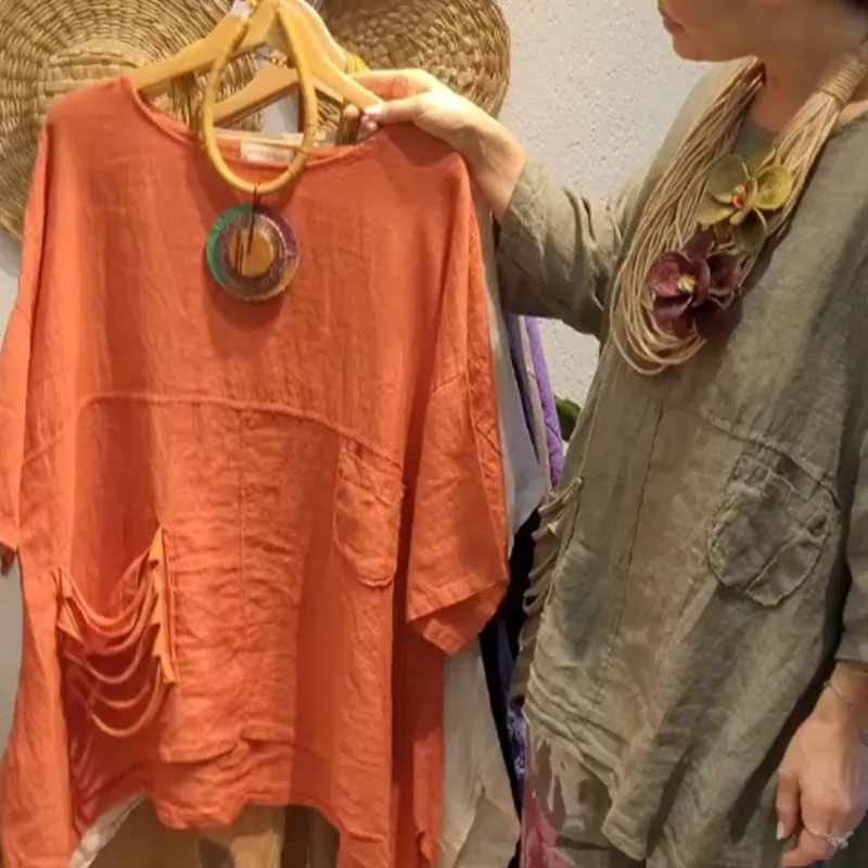 Women's Loose Fit Linen Top with Side Pockets