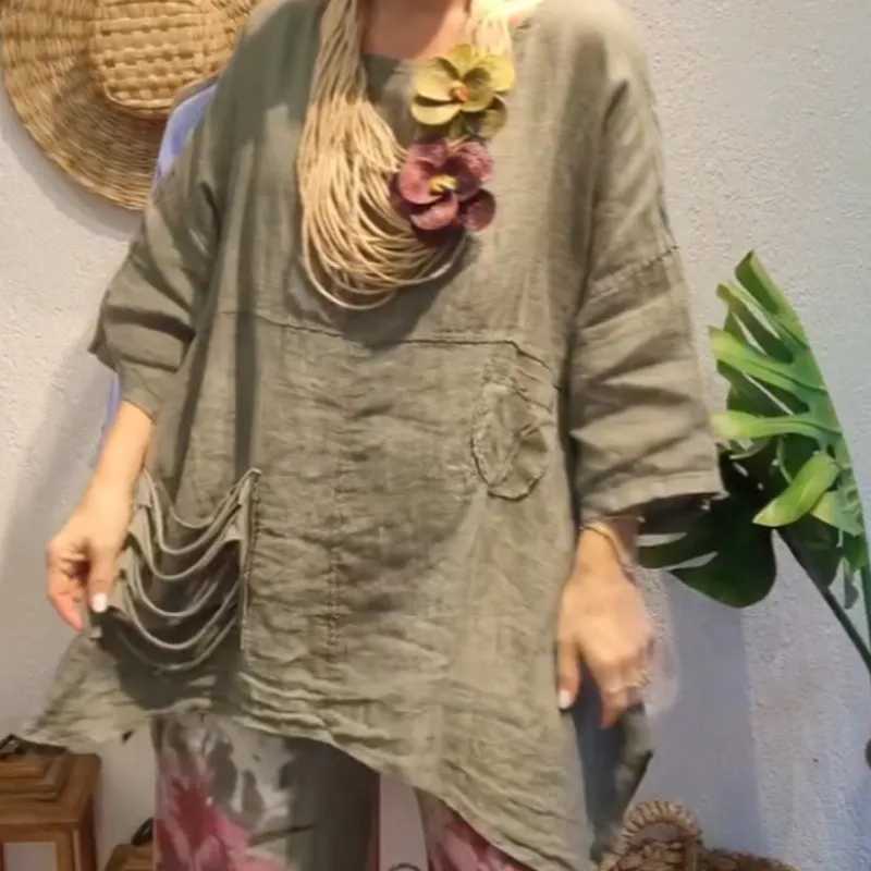 Women's Loose Fit Linen Top with Side Pockets