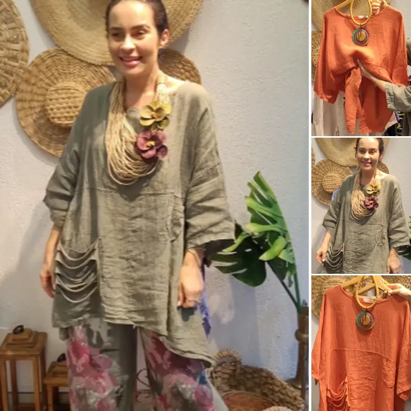 Women's Loose Fit Linen Top with Side Pockets