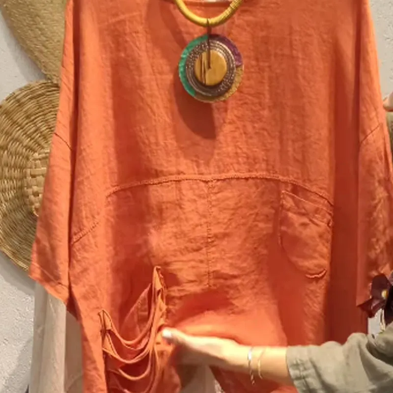 Women's Loose Fit Linen Top with Side Pockets