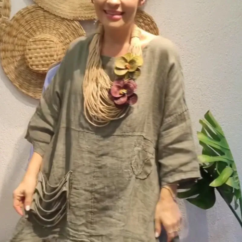 Women's Loose Fit Linen Top with Side Pockets