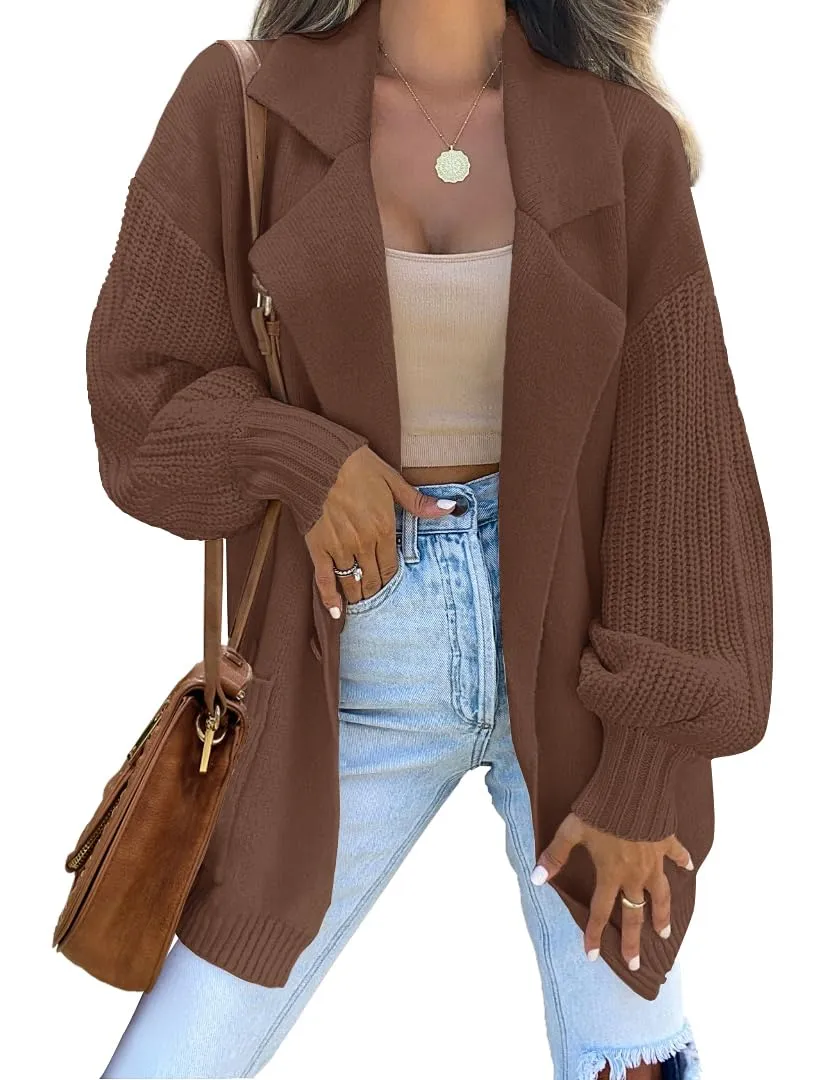 ZESICA Long Sleeve Open Front Lapel Oversized Knit Sweater Cardigan
