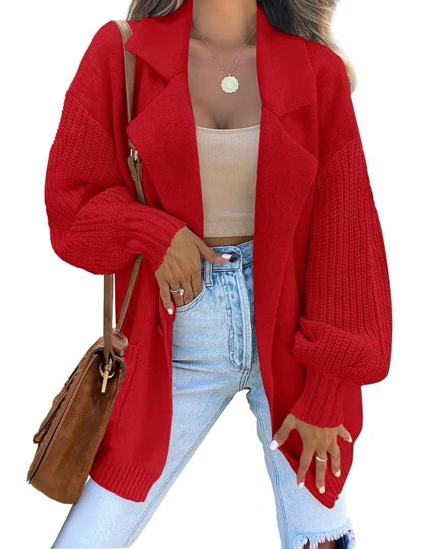 ZESICA Long Sleeve Open Front Lapel Oversized Knit Sweater Cardigan