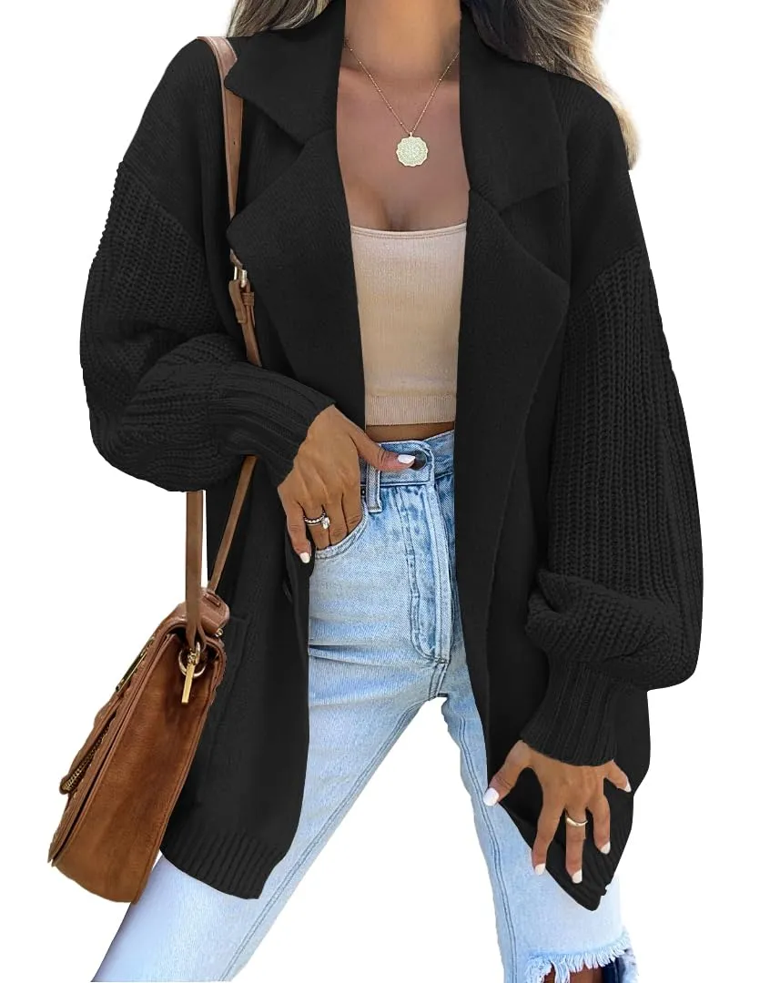 ZESICA Long Sleeve Open Front Lapel Oversized Knit Sweater Cardigan