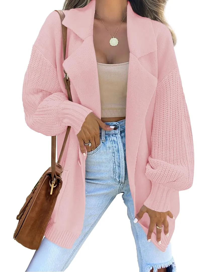 ZESICA Long Sleeve Open Front Lapel Oversized Knit Sweater Cardigan