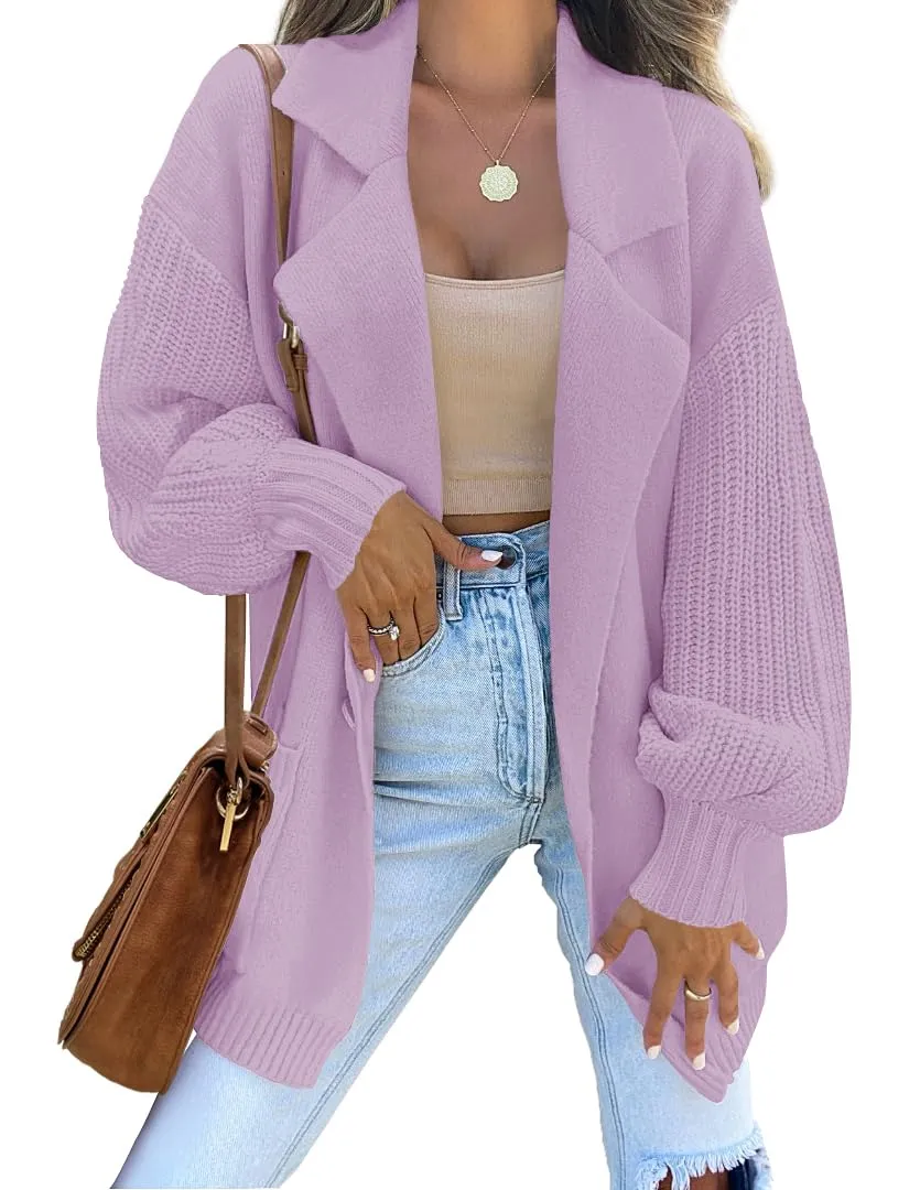 ZESICA Long Sleeve Open Front Lapel Oversized Knit Sweater Cardigan